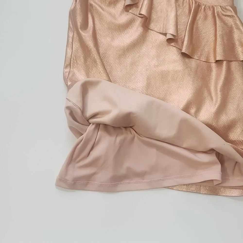 ZARA Metallic Rose Gold Faux Leather Deep V Ruffle Frill Mini PartyDress Small - Picture 6 of 10